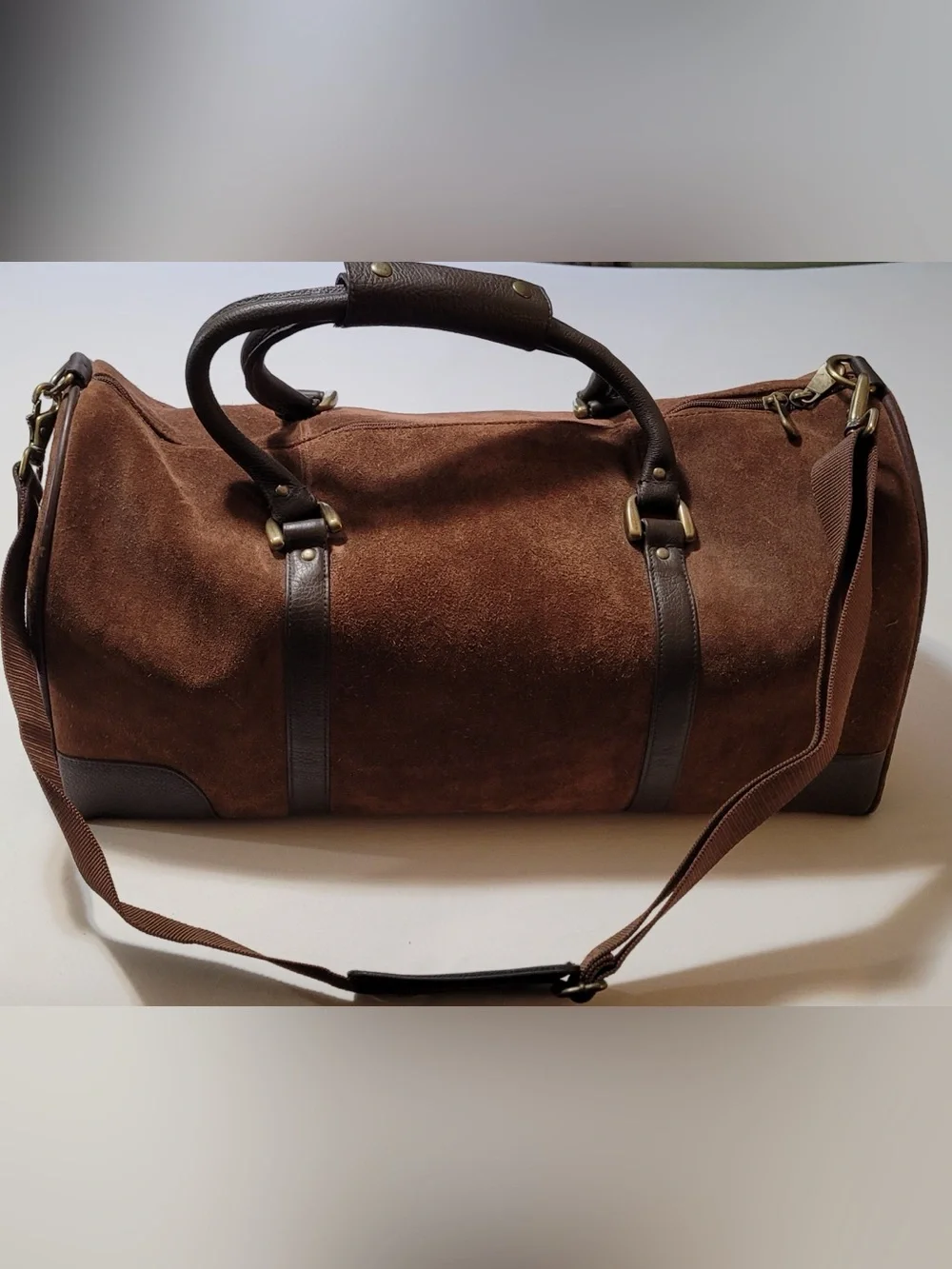 Brown Suede Men's Weekender Duffel Bag with Dark Leather Trim
